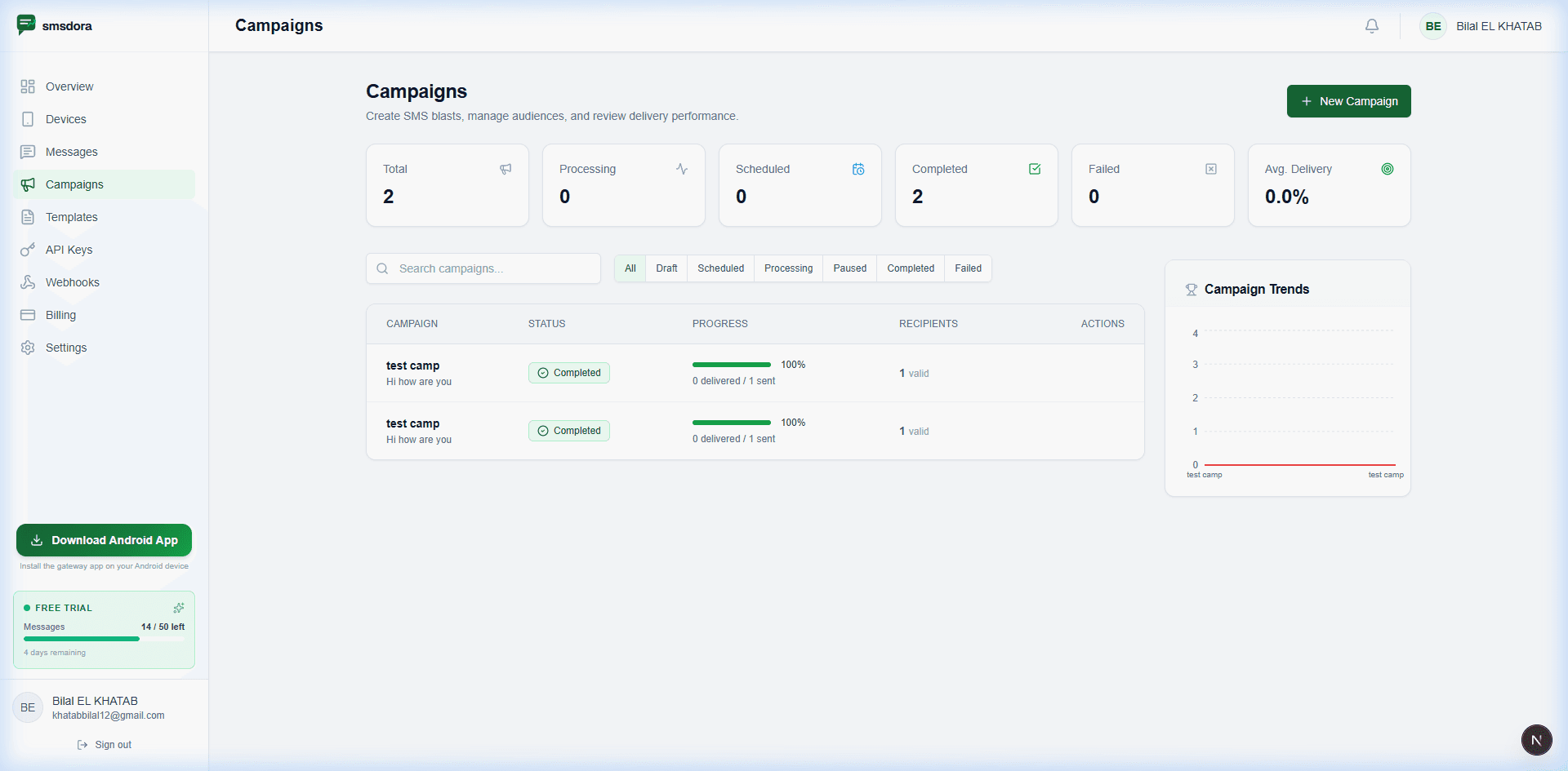 smsdora campaigns dashboard showing campaign list with status, progress tracking, and delivery analytics