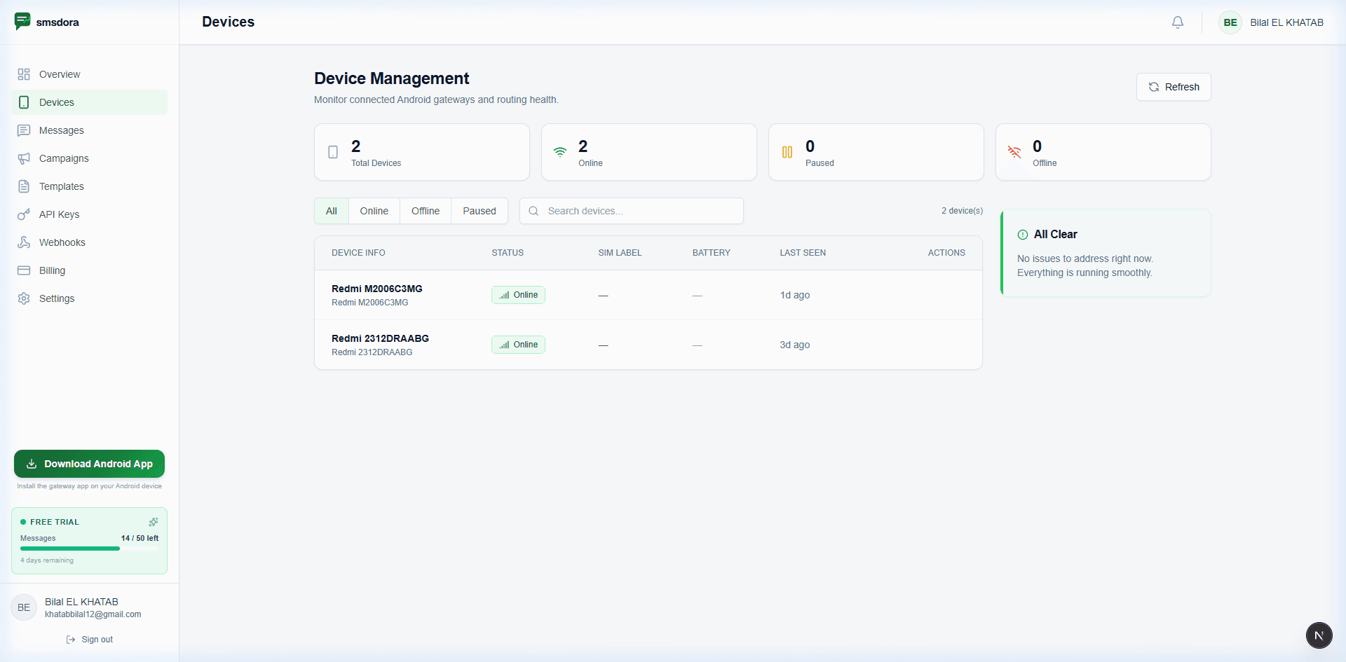 smsdora device management panel showing 2 connected Android devices with online status