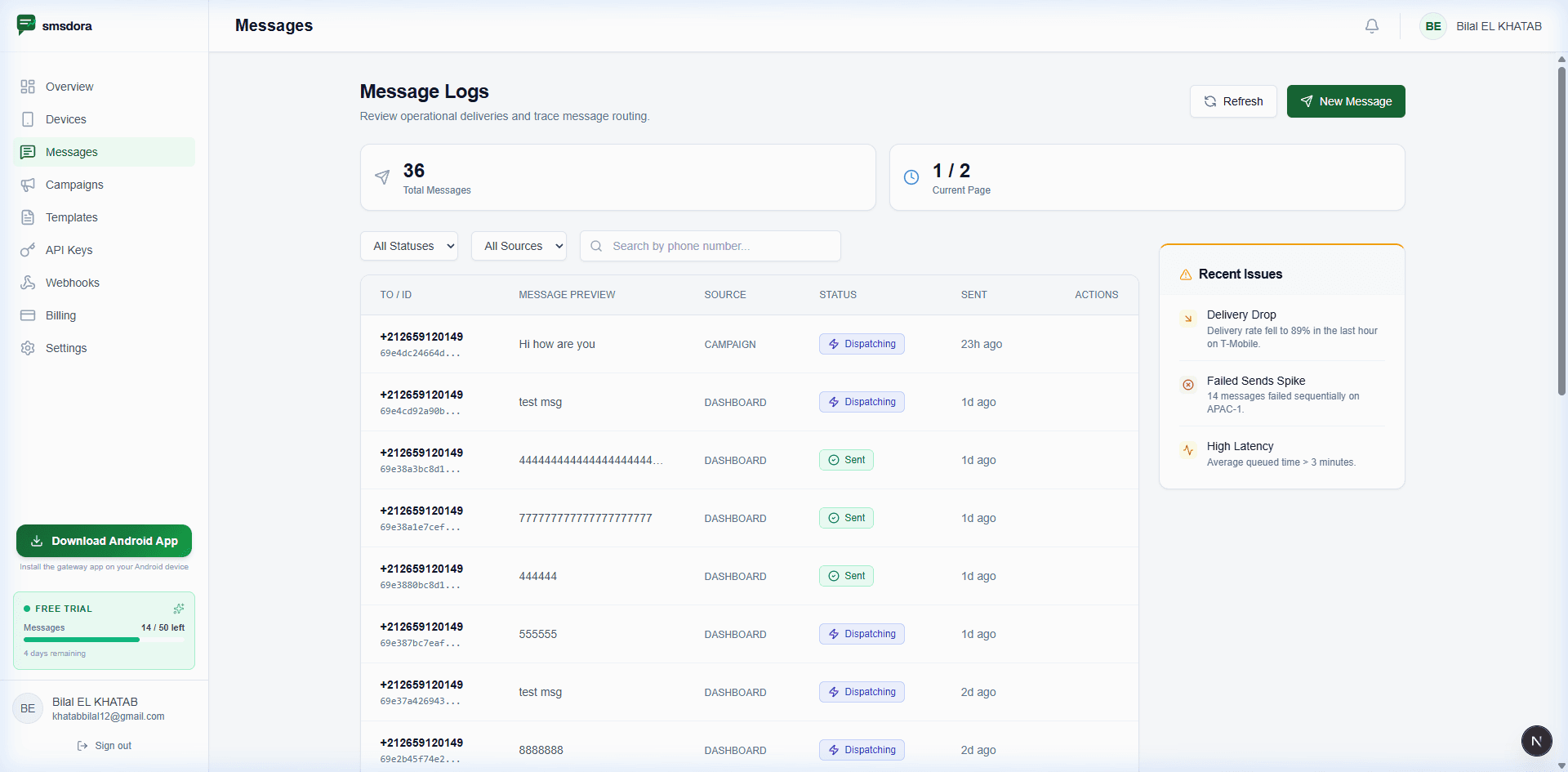 smsdora message logs showing SMS delivery status, source tracking, and recent issues panel